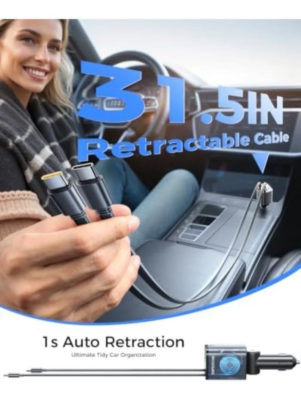 Ultra-Compact 6-Port Retractable USB C Car Charger for Fast Charging on the Go